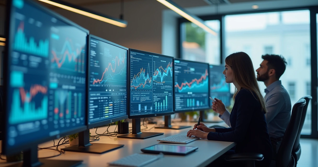 Plataformas de sistemas integradas na tela do computador em escritório de contabilidade 