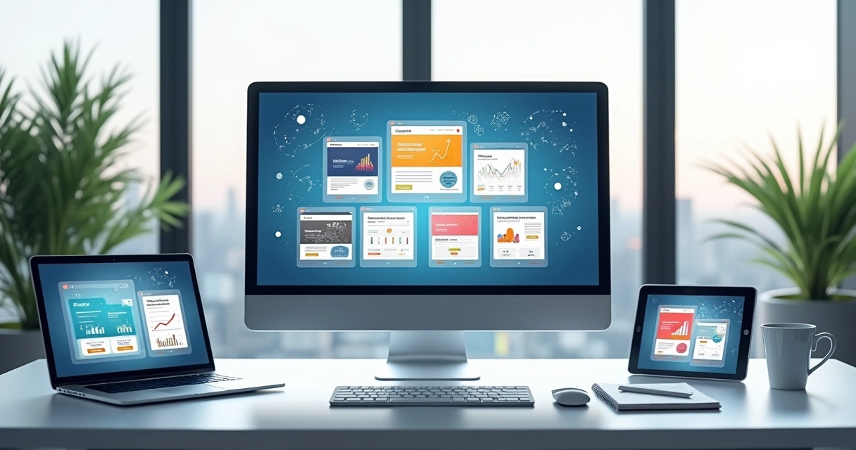Tela de computador exibindo várias landing pages em painel de controle de marketing digital 