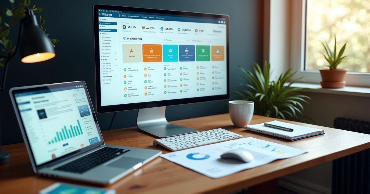 Tela de computador exibindo comparação de plataformas de landing page em painel analítico moderno 