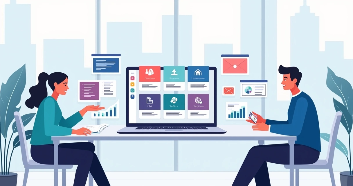 Profissionais analisando painéis com múltiplas landing pages em telas flutuantes 