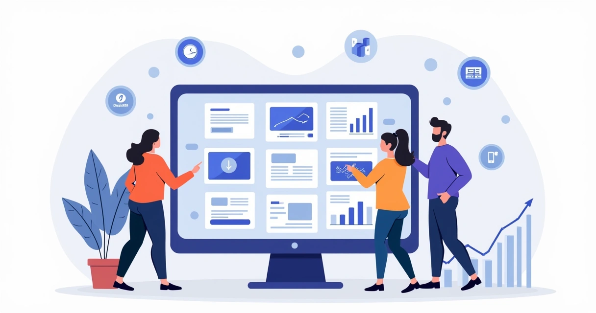 Ilustração de profissionais analisando várias plataformas de landing page em painel digital 