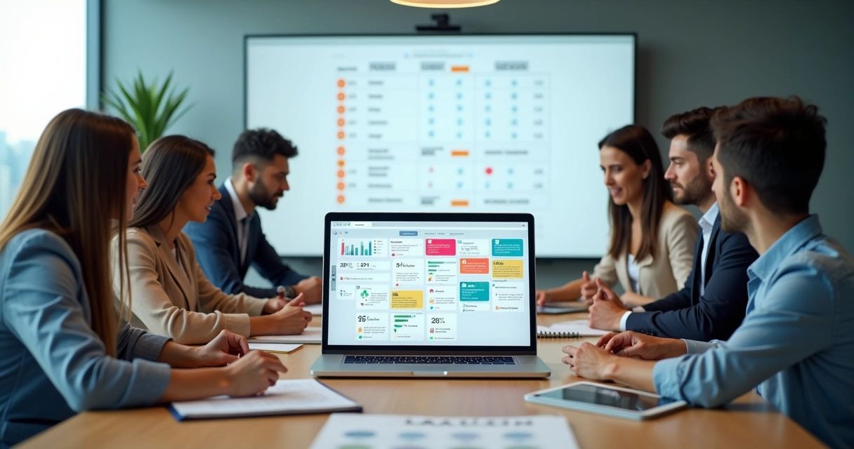 Painel com ícones de plataformas LMS e equipe analisando treinamentos online 