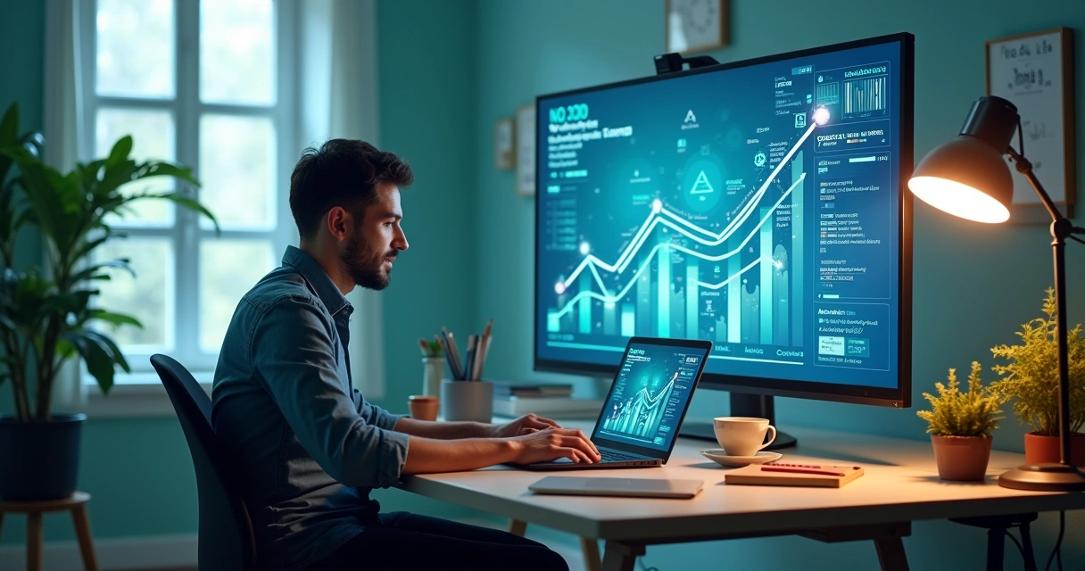 Indivíduo usando uma plataforma no-code em um escritório moderno, com elementos de aplicativos ao redor.