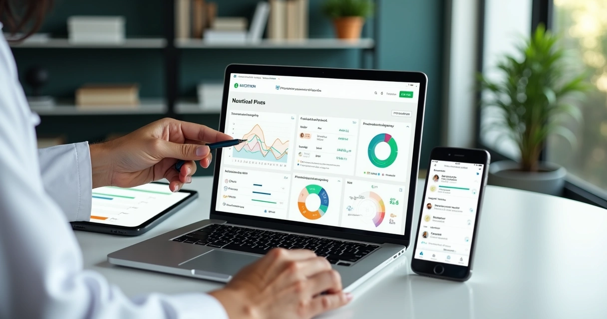 Nutricionista analisando painel clínico digital com comparativo de plataformas na tela 