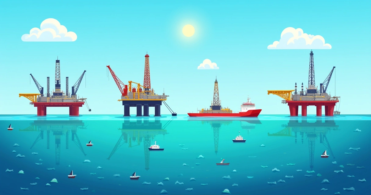 Diferentes tipos de plataformas offshore em uma cena marítima, incluindo fixas, flutuantes, semissubmersíveis e jack-up.