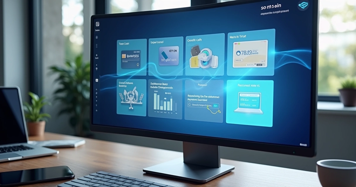Interface de plataforma de pagamento digital com gráficos, opções de métodos de pagamento e painéis de integração para e-commerce 