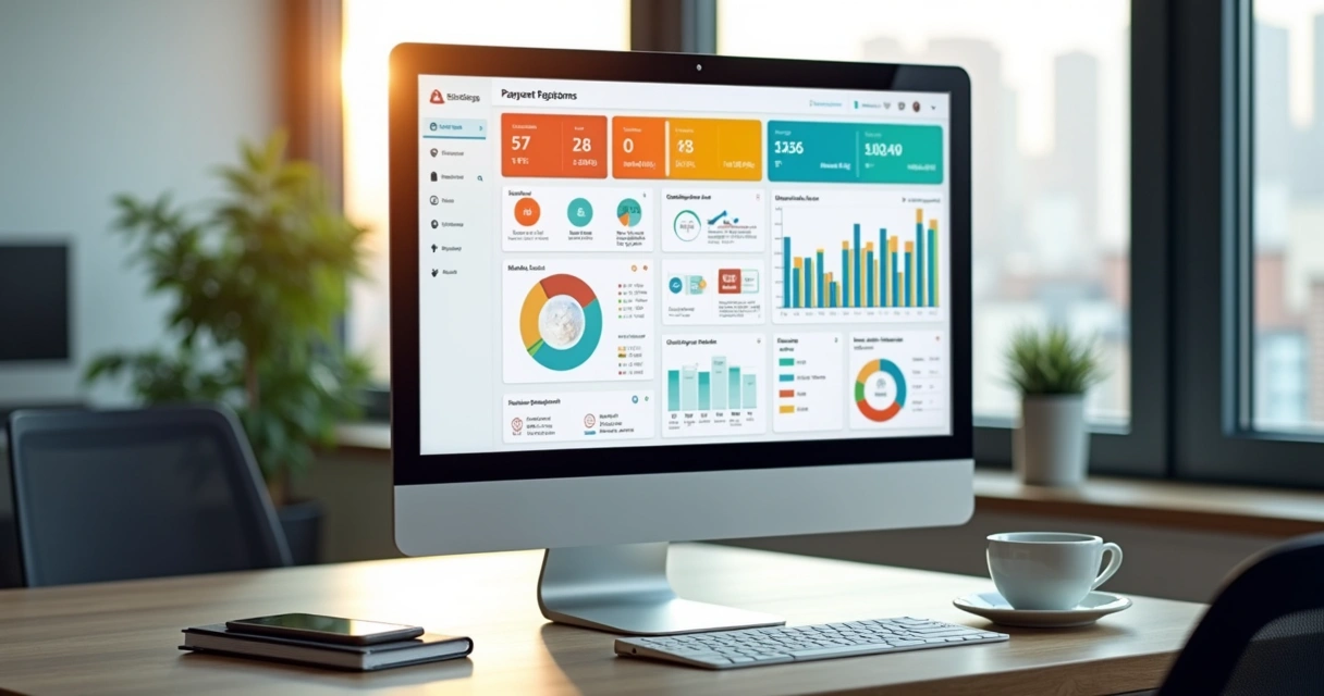 Tela de computador mostrando painel de controle de plataformas de pagamento com gráficos e opções de métodos como cartão, Pix e boleto 