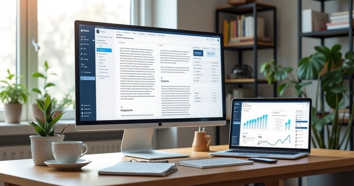Tela de computador exibindo painel de blog profissional com gráficos e editor de texto 