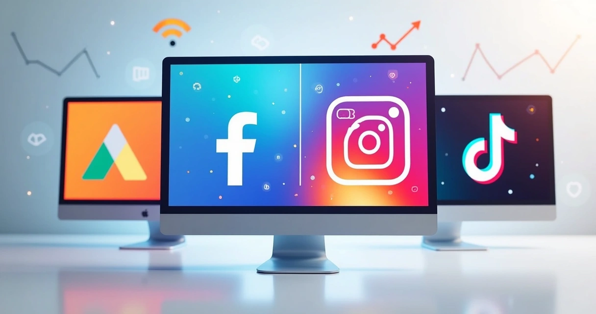Plataformas digitais lado a lado: Google Ads, Facebook Ads, Instagram, TikTok