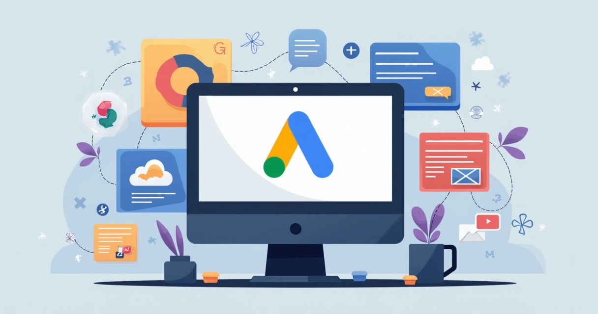 Representação gráfica de diferentes plataformas de publicidade digital em uma tela de computador 