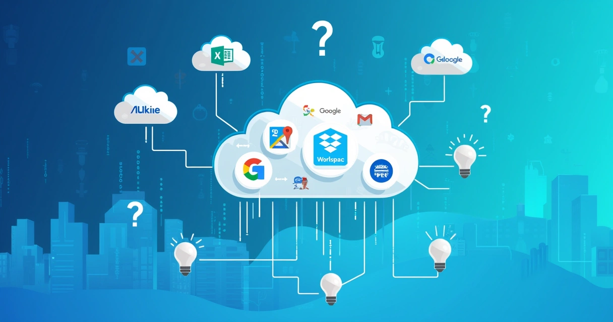 Representação visual de plataformas de SaaS, como Google Workspace e Dropbox, em uma rede em nuvem.
