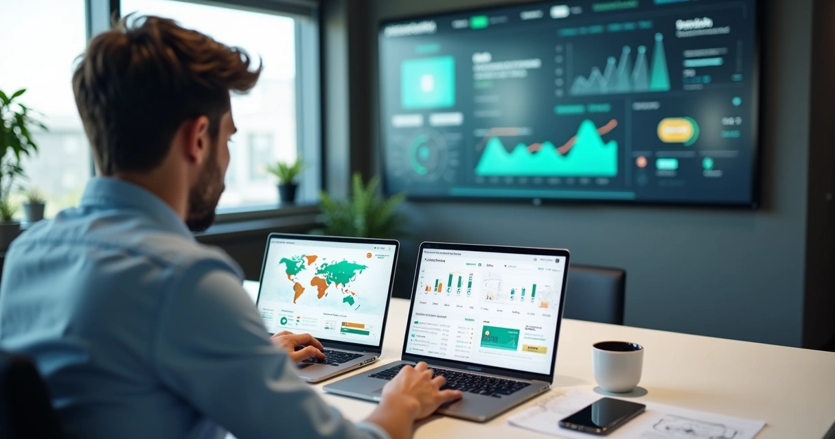 Empresário analisando painel de vendas digitais em dois notebooks lado a lado 