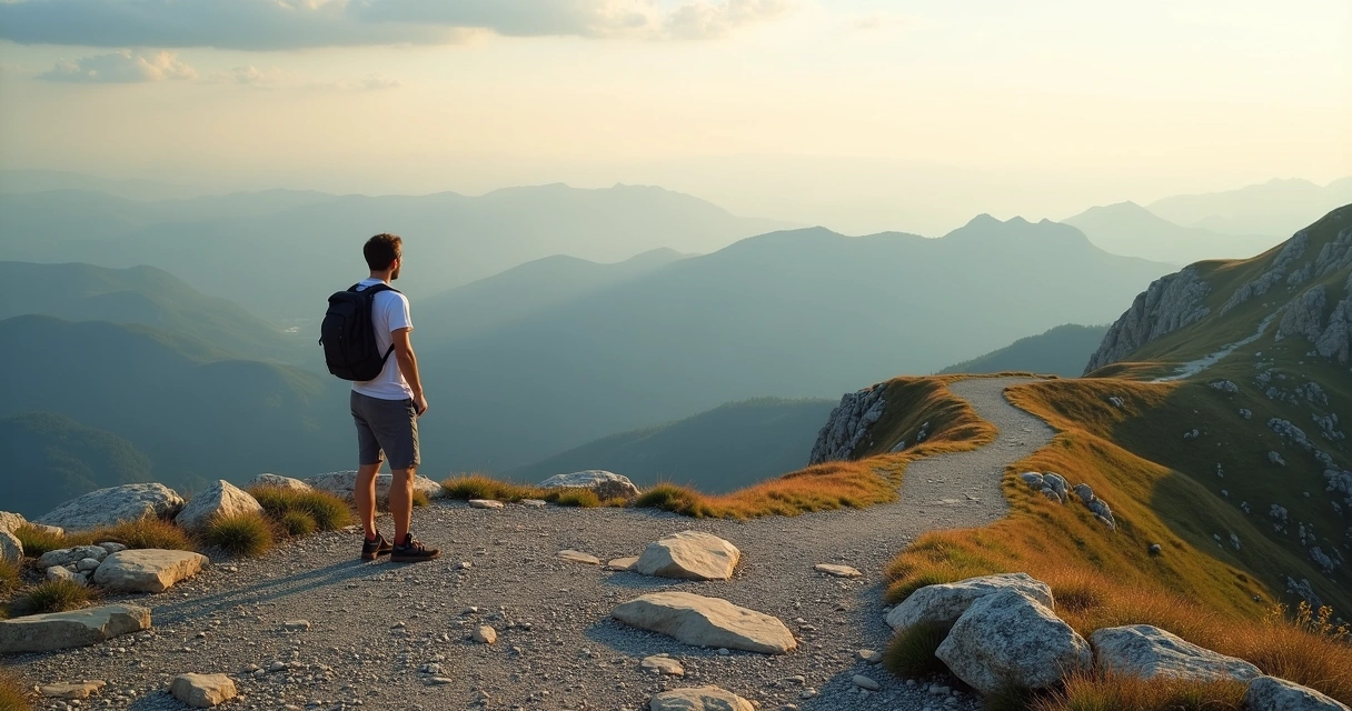 Person standing on a wide mountain plateau overlooking a higher sunlit trail 