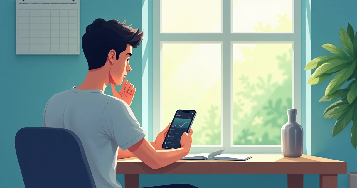 Midway weight loss plateau concept, showing a person thinking beside a digital tracking app 