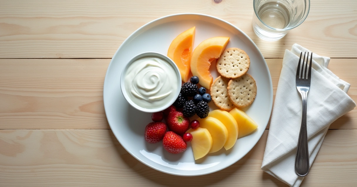 Prato com pequenas porções de alimentos leves e coloridos dispostos de forma organizada; 