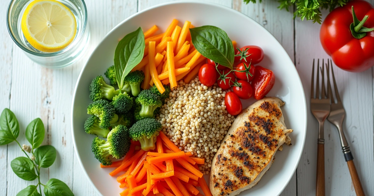 Plato colorido con vegetales, proteínas y agua