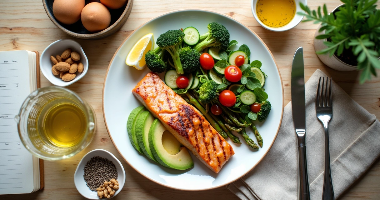 Plato colorido de recetas keto con vegetales, salmón y aguacate en mesa de madera 