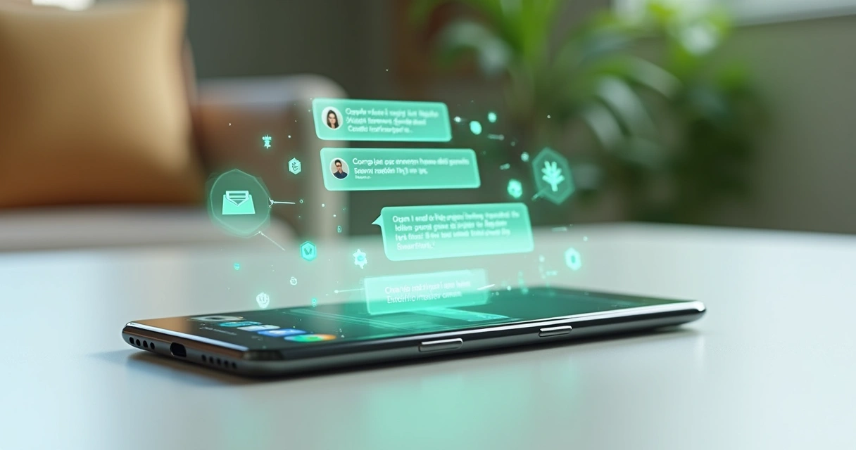 Smartphone mostrando Play Store em modo de chat com ícones de aplicativos ao redor 