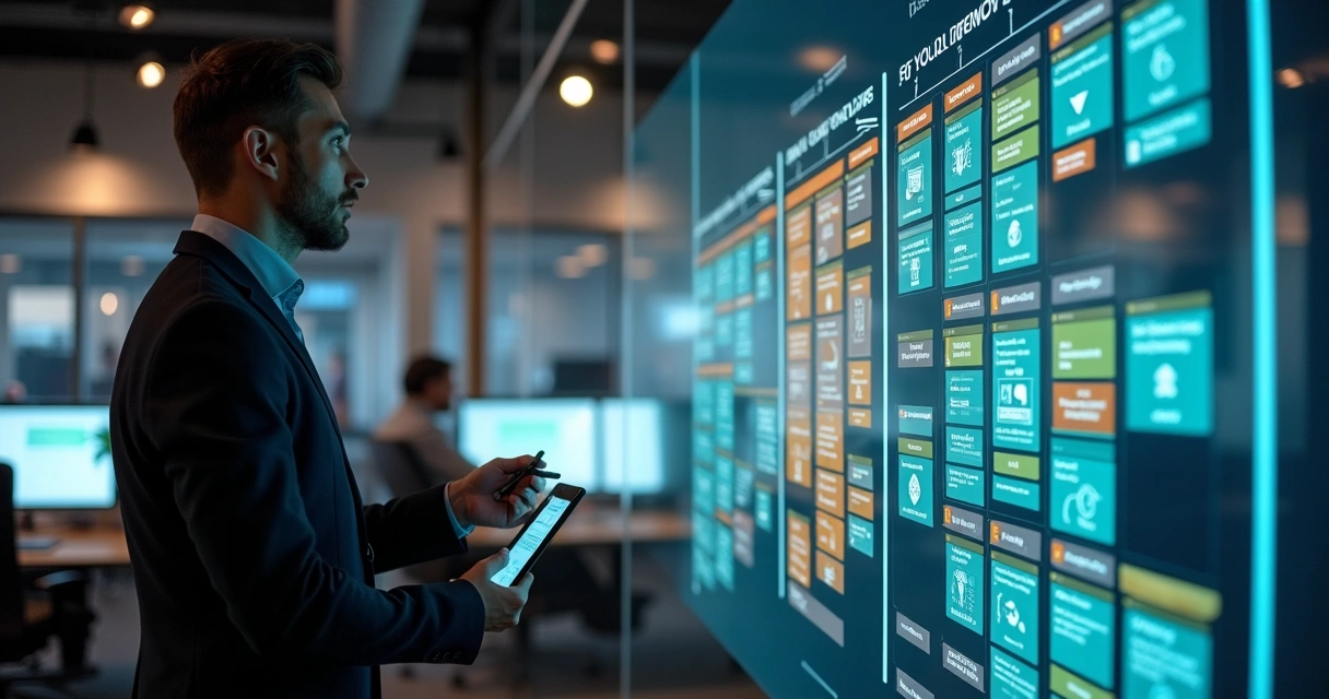 Gestor de agência segurando playbook visual digital organizado em etapas 