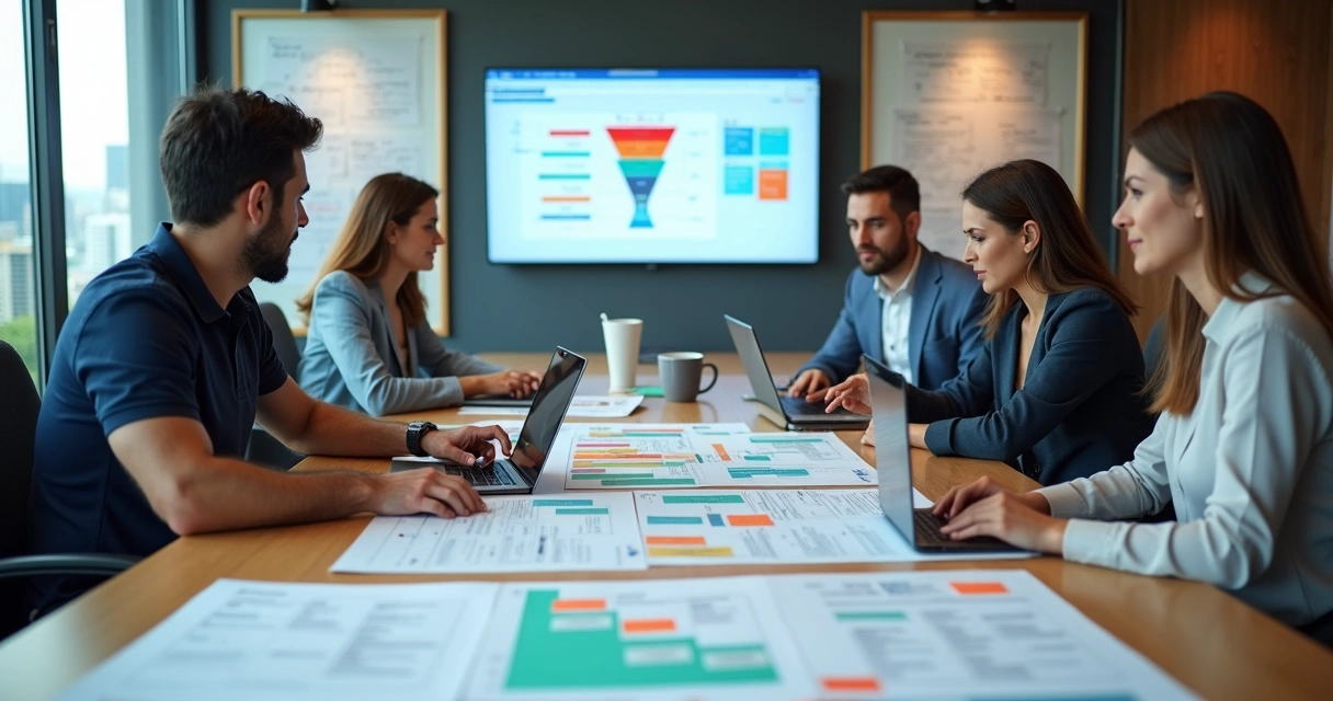 Donos de agência analisando playbook comercial em reunião estratégica 