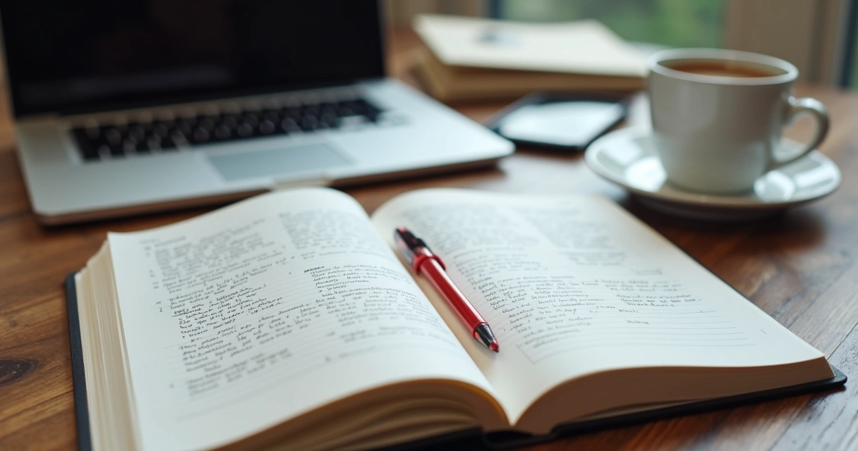 Playbook impresso aberto com anotações ao lado de notebook e café 