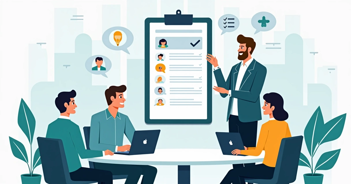 Gestor mostrando playbook de vendas para time comercial em reunião 