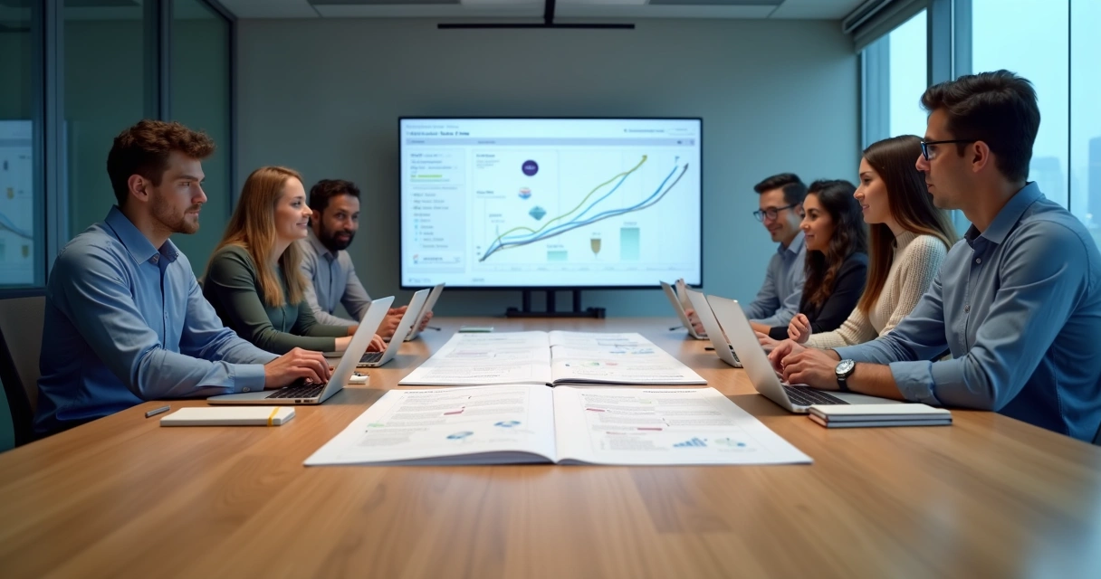Equipe de vendas reunida em mesa de reunião analisando um playbook impresso e gráficos em tela grande 