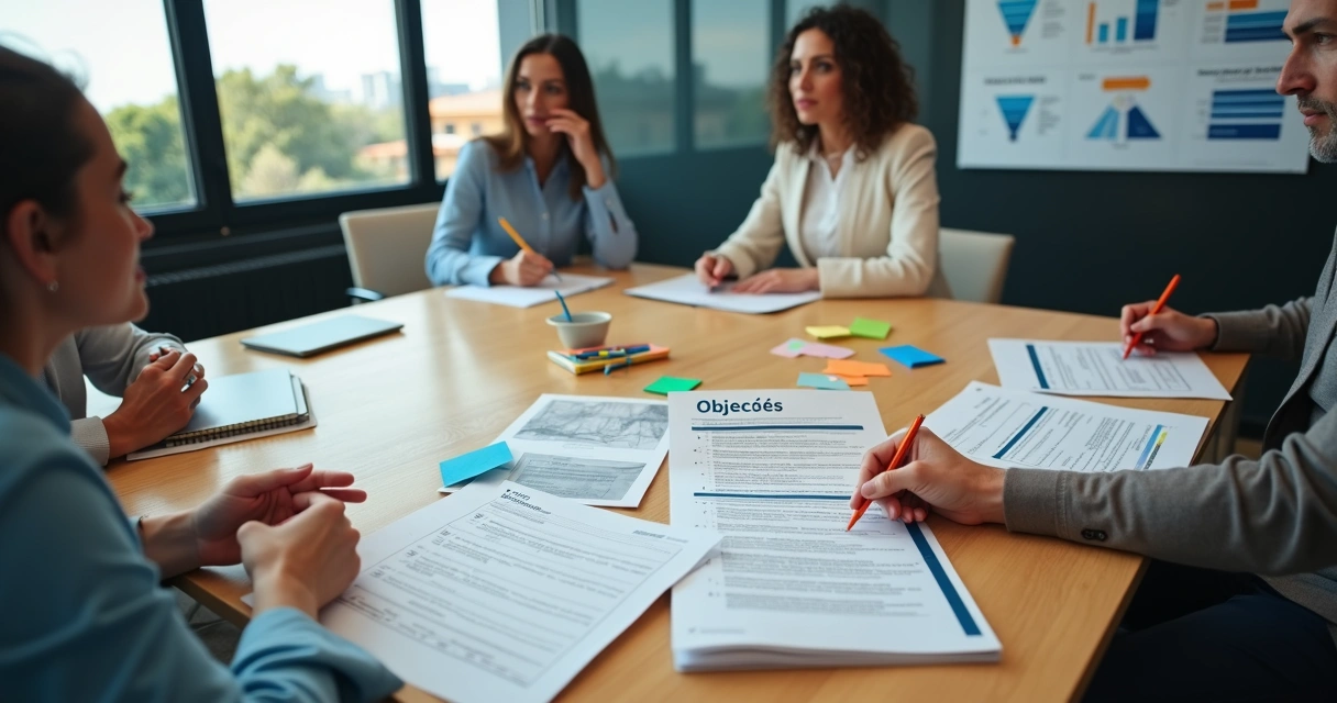 Equipe de vendas reunida analisando playbook de objeções sobre a mesa 