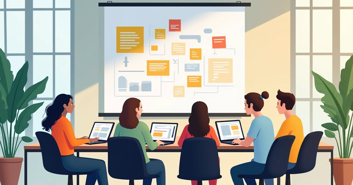 Equipe reunida usando quadro visual, papéis coloridos e notebooks abertos 