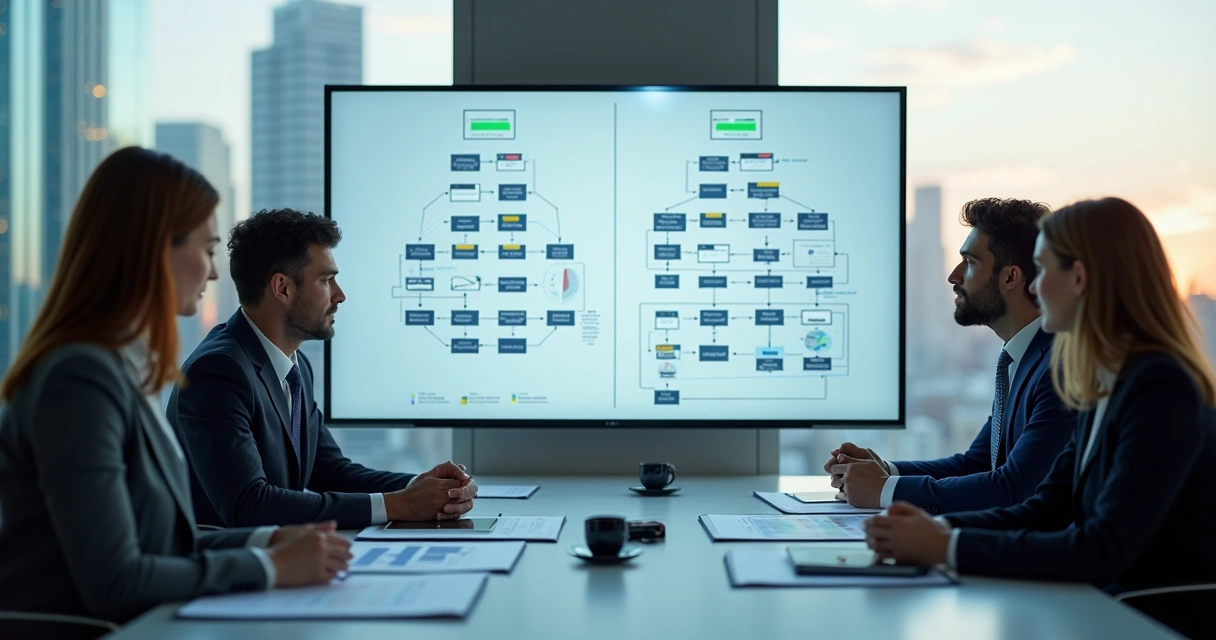 Equipe imobiliária analisando fluxos de trabalho com IA em sala moderna