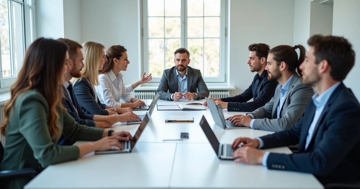 Equipe de vendas reunida analisando playbook em sala de reunião 