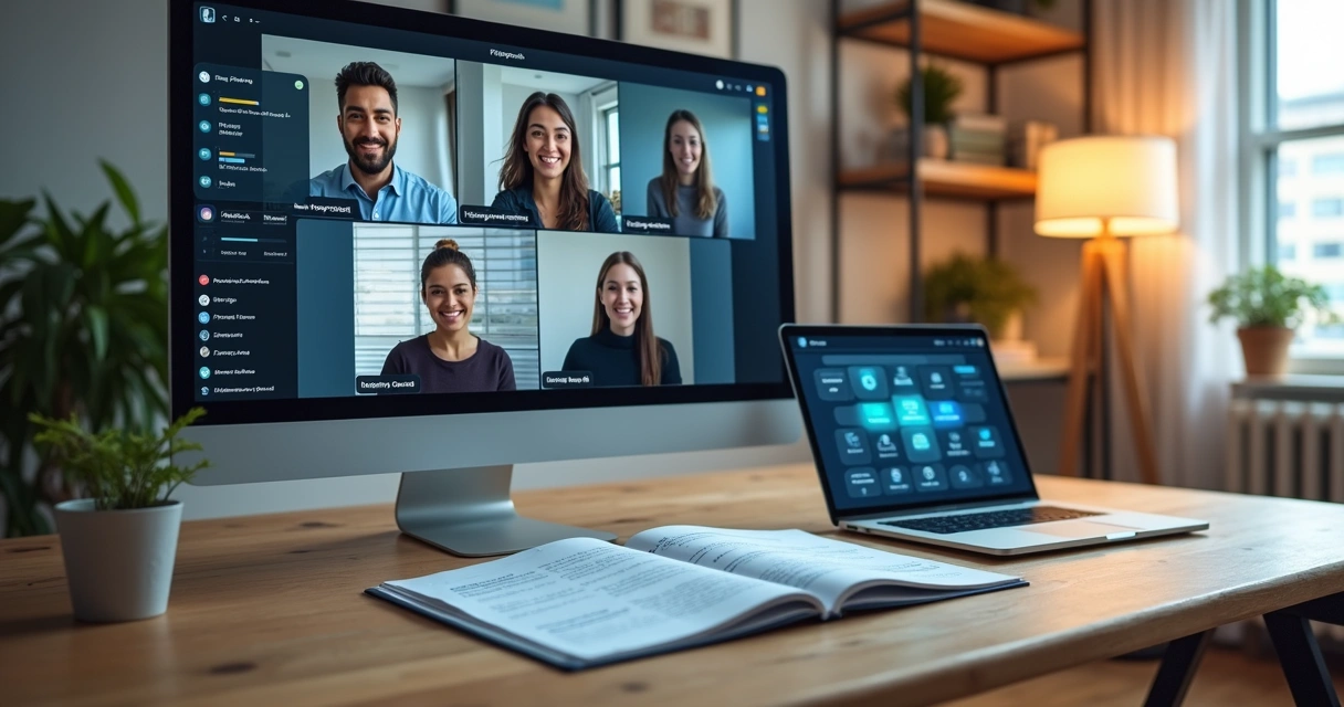 Gestor organiza playbook de vendas digital com equipe remota em videoconferência 