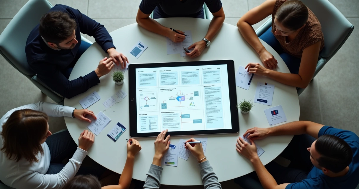 Equipe reunida criando um playbook de vendas digital 