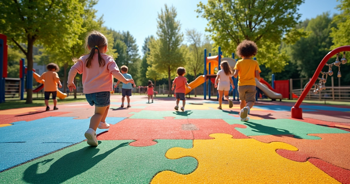 Crianças brincando em playground com piso de borracha reciclada 