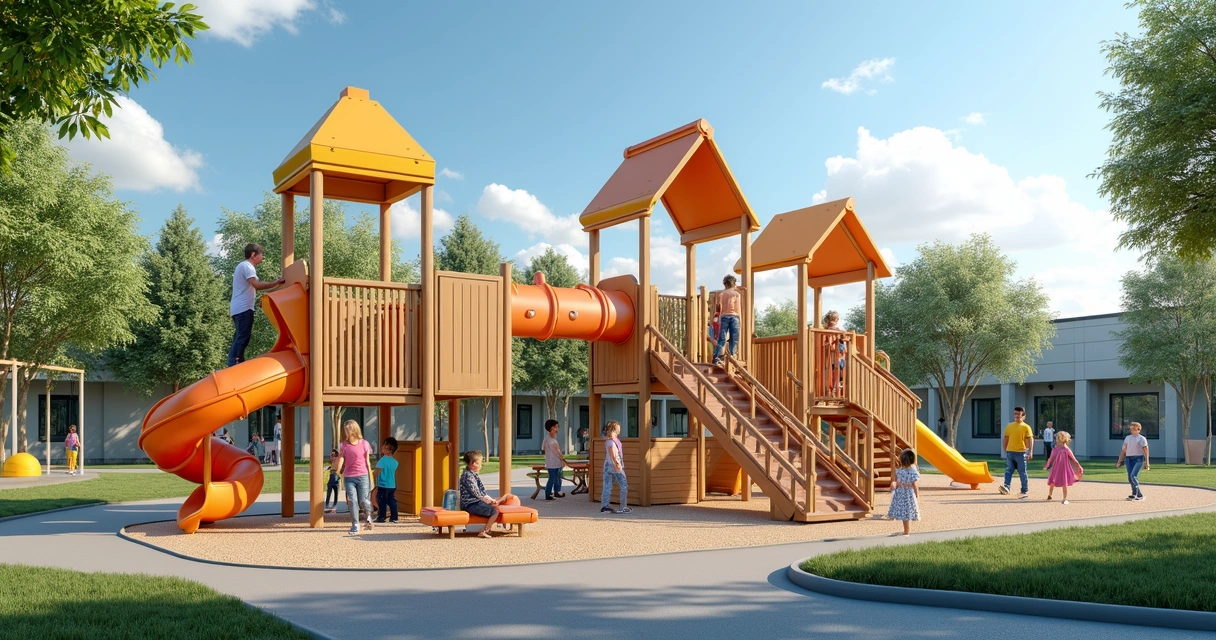 Playground modular em escola com crianças brincando