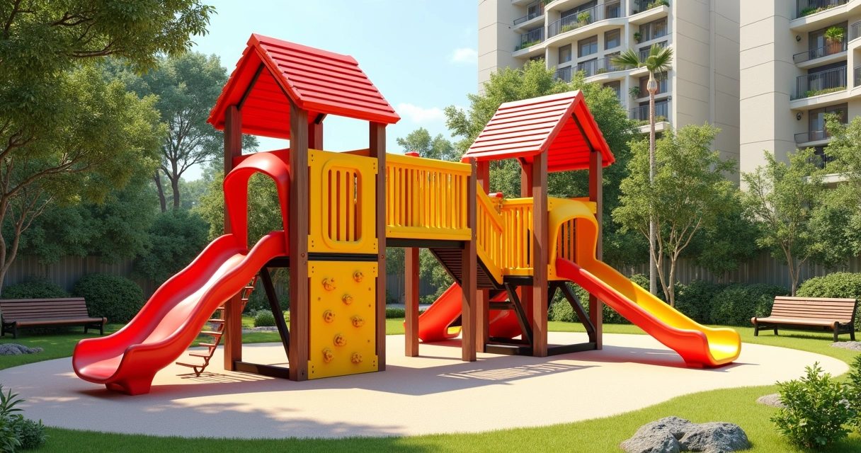 Playground externo com madeira plástica e escorregador colorido