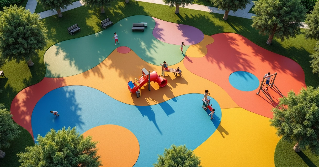 Playground infantil personalizado com piso de borracha colorido em formas geométricas 
