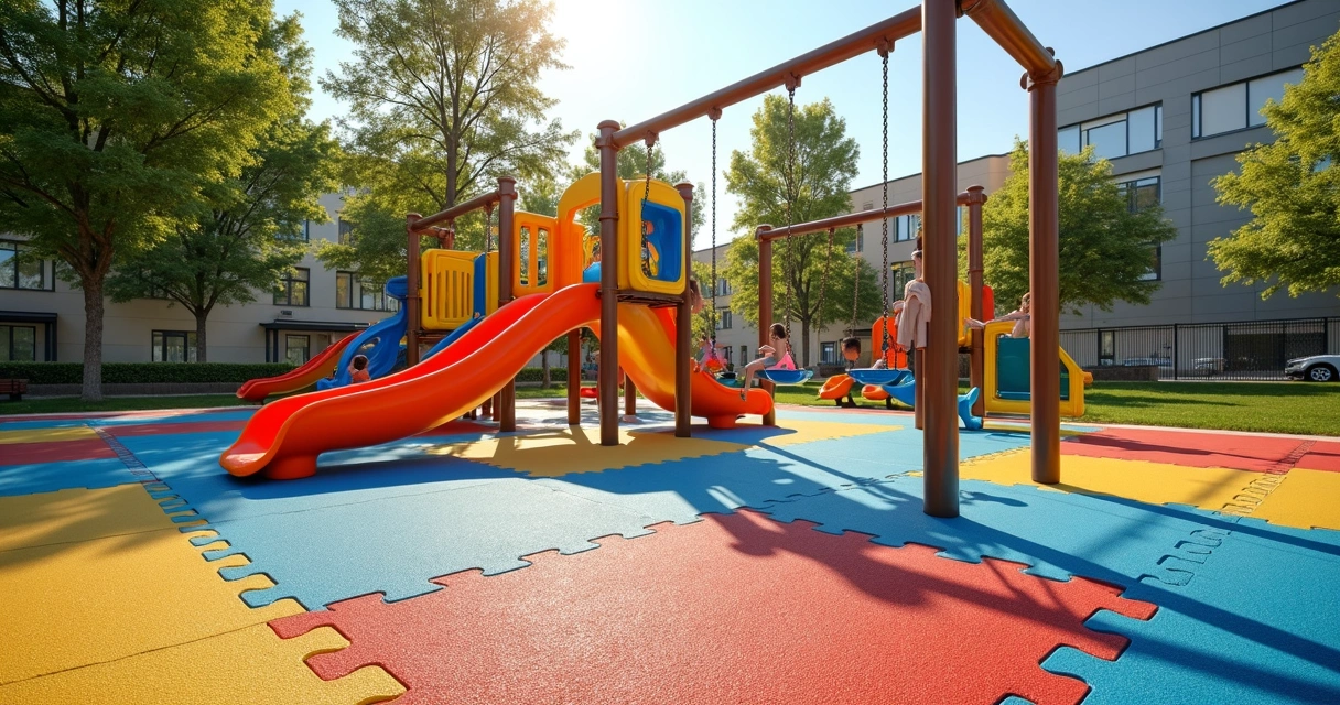 Playground moderno com piso de borracha colorido sustentável 