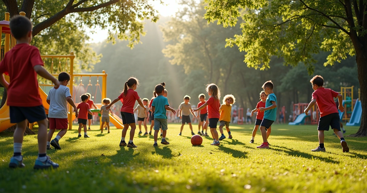 Kids playing a group game on the playground with colorful equipment 