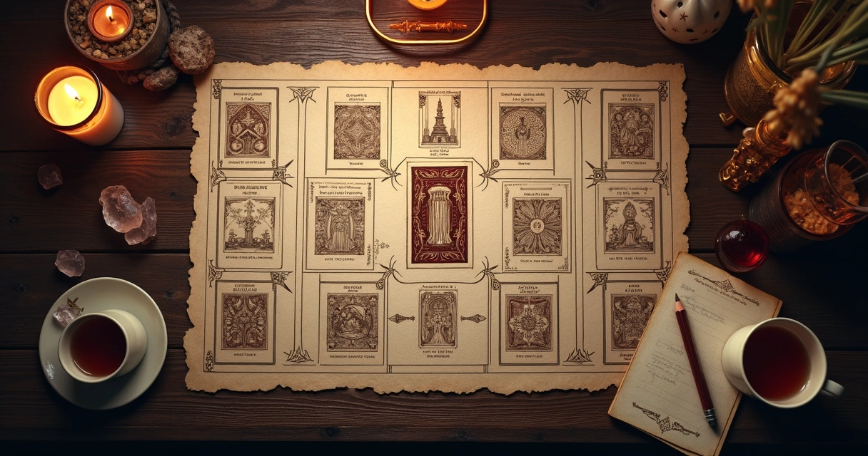 Top view of a complex playing card spread with notes and symbols 