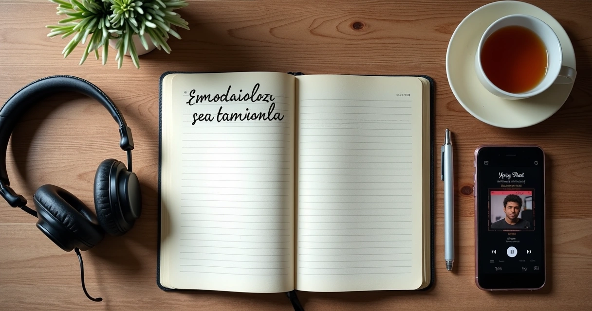 Caderno com playlist emocional e fones de ouvido