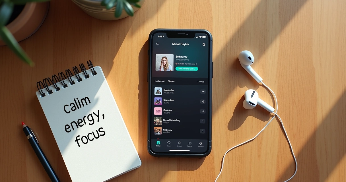 Celular com playlist emocional ao lado de caderno 