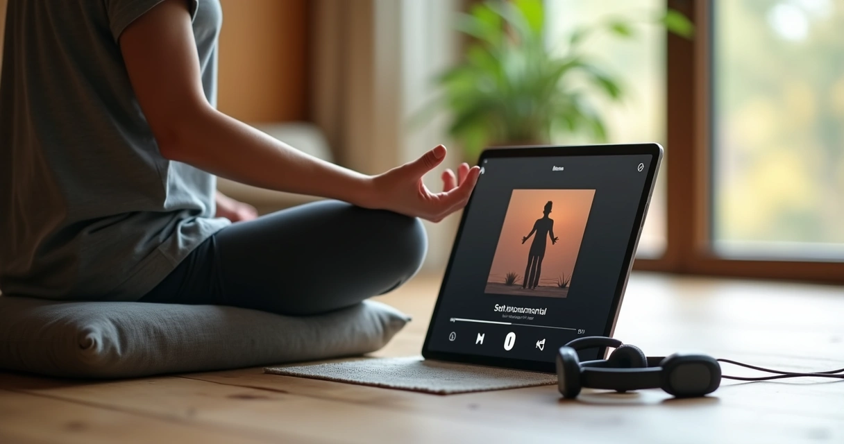 Pessoa escolhendo música em dispositivo para meditação