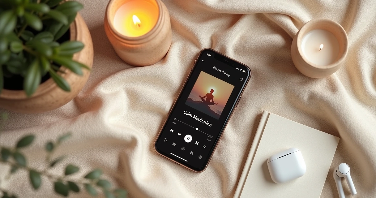Celular com playlist de meditação ao lado de vela e caderno 