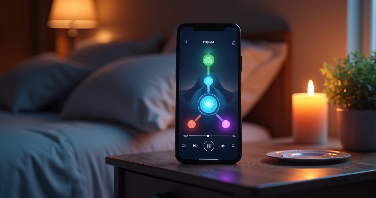 Celular exibindo playlist de música relaxante com símbolos de chakras ao redor, em ambiente escuro e relaxante 