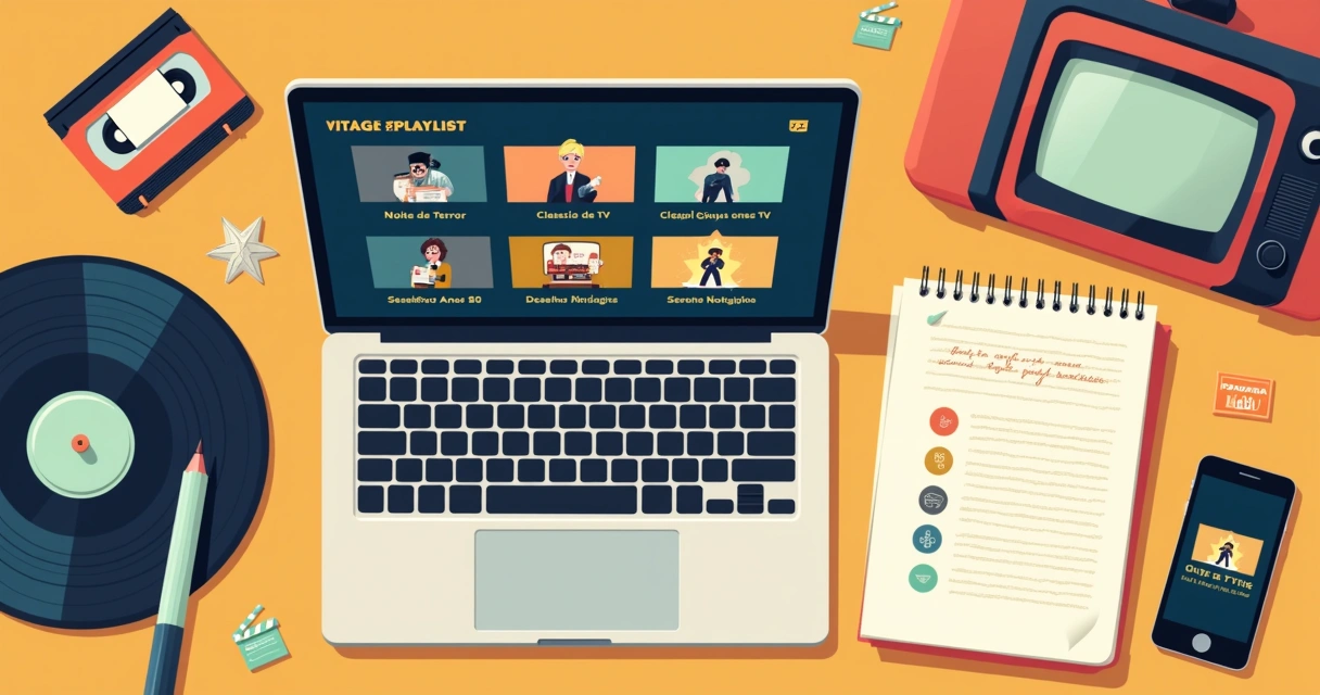 Tela de computador com playlist retrô de filmes e séries organizada por temas 