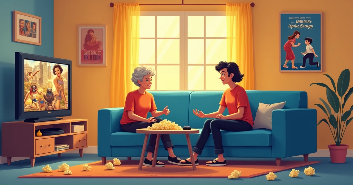 Duas pessoas sentadas no sofá, com controles remotos e pipoca, selecionando filmes clássicos em frente a uma TV grande. 