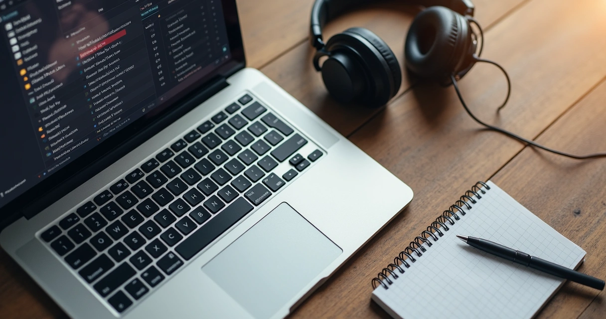 Pantalla con lista de reproducción junto a cuaderno y teclado en un escritorio 