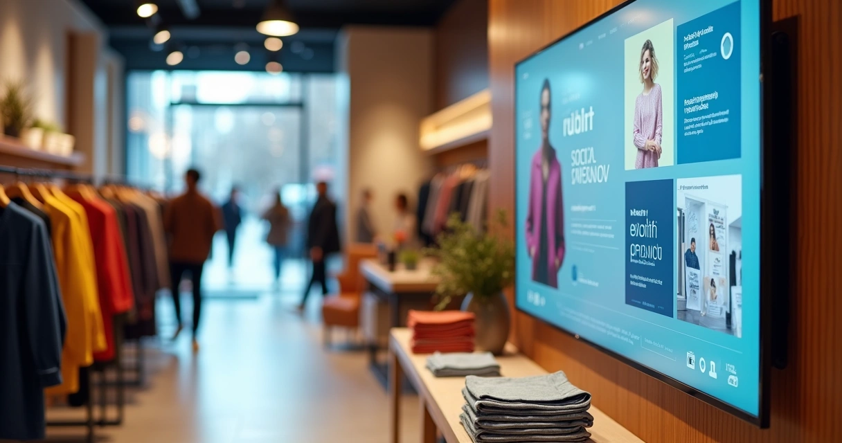 Televisão exibindo playlist variada em loja de roupas moderna 