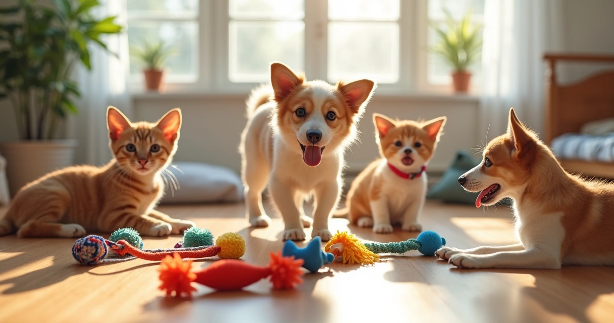 Dogs and cats happily playing indoors with clean plush and rubber toys